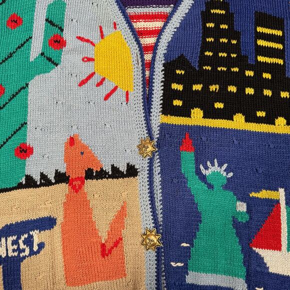 Vintage Teacher Americana Knit Cardigan USA Statue of Liberty Southwest Scene XL - Picture 7 of 8